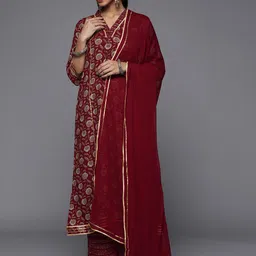 Libas Women Maroon Floral Printed Gotta Patti Kurta with Palazzos & With Dupatta-picture-17