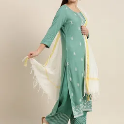 Vishudh Women Sea Green Ethnic Motifs Printed Kurta with Palazzos & Dupatta image 4