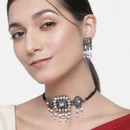 Kord Store Silver-Plated & White Oxidized Beaded Choker Jewellery Set-picture-33