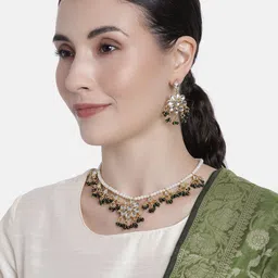 I Jewels Gold Plated Kundan & Pearl Moti Mala Necklace Jewellery Set-picture-23