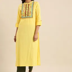 Varanga Women Yellow Solid Roll-Up Sleeves Kurta With Floral Printed Detailing-picture-16