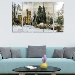WENS Green & Brown 5 Panelled Snow City Velvet Laminated Wall Painting-picture-18