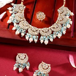Zaveri Pearls Gold-Plated Turquoise Blue Stone-Studded Jewellery Set-image-0