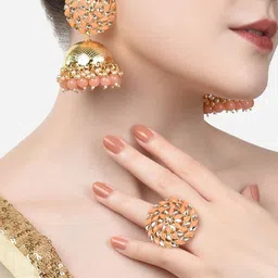 Zaveri Pearls Gold-Plated Peach Beaded & Stone Studded  Jewellery Set-picture-22