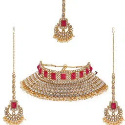 Zaveri Pearls Pink Gold-Plated Kundan & Pearls Studded Jewellery Set-image-56