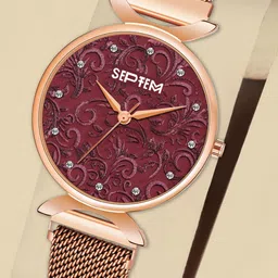 Septem Women Maroon Embellished Dial & Rose Gold Toned Stainless Steel Bracelet Style Straps Analogue Watch-picture-57