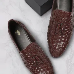 House of Pataudi Men Burgundy Basketweave Handcrafted Tasselled Leather Loafers-image-46