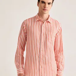 Red Flame Vertical Striped Spread Collar Cotton Linen Casual Shirt-picture-10