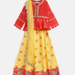 Biba Girls Yellow & Red Embroidered Ready to Wear Lehenga & Blouse with Dupatta-image-49