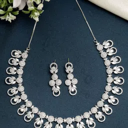 ZENEME Rhodium-Plated American Diamond Studded Voguish Necklace and Earrings-picture-28