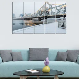 WENS Grey & Black 5 Panelled Bridge View Velvet Laminated Wall Painting-picture-30