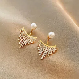 Yellow Chimes Gold-Toned & White Pearl Stud Back Drop Crystal Studded Drop Earrings-picture-20