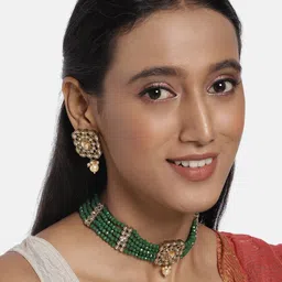 AccessHer Green Gold-Plated Kundan Studded Handcrafted Jewellery Set-picture-30