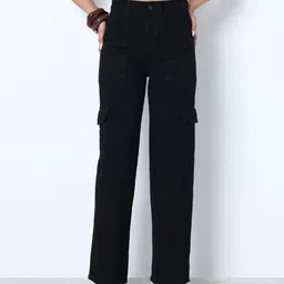 ZUYA Women Black Denim Straight Fit High-Rise Non Stretchable Cargo Styles Jeans-image-52
