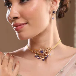 Rubans 22K Gold Plated Blue Stone & Cubic Zirconia Studded Blue & Pearl Beads Choker Set-picture-45