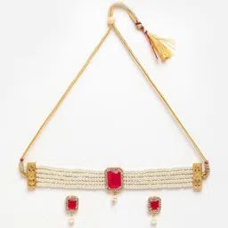 ZENEME Gold-Plated Red & White Cubic Zirconia-Studded & Pearl Beaded Jewellery Set image 3