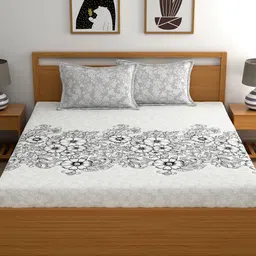 My Room Black & White Floral 140 TC King Bedsheet with 2 Pillow Covers image 2