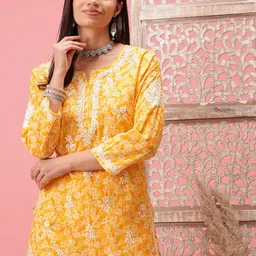 ADA Yellow & White Ethnic Motifs Embroidered Chikankari Handloom Kurti-picture-9
