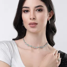 Anouk Women Silver Plated & Turquoise CZ Stone Studded Handcrafted Jewellery Set image 2