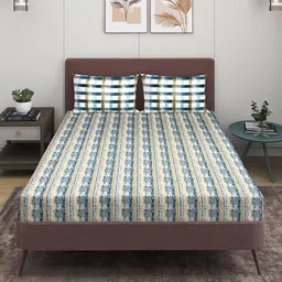 ROMEE Blue & White Geometric 210 TC King Bedsheet with 2 Pillow Covers image 3