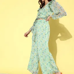 ANVI Be Yourself Green & White Printed V-Neck Ruffled Puff Sleeves Top With Palazzo image 5