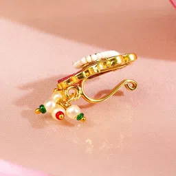 Rubans 18K Gold-Plated Ruby Pink & Emerald Green Floral Pearl Beads Clip-On Nath image 2