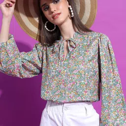 Tokyo Talkies Floral Printed Tie-Up Neck Puff Sleeves Top-picture-12