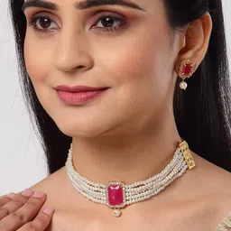 ZENEME Gold-Plated Red & White Cubic Zirconia-Studded & Pearl Beaded Jewellery Set image 5