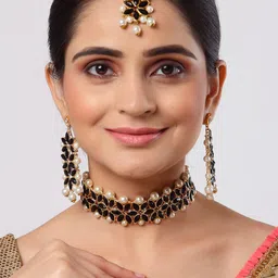 ZENEME Gold-Plated Stone Studded & Beaded Jewellery Set image 3