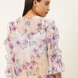 Madame Women Off-White & Purple Floral Printed Top With Ruffles image 3