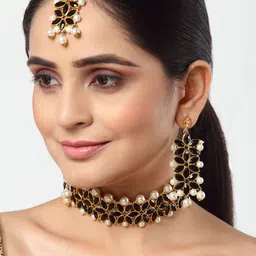 ZENEME Gold-Plated Stone Studded & Beaded Jewellery Set image 4