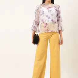 Madame Women Off-White & Purple Floral Printed Top With Ruffles image 2
