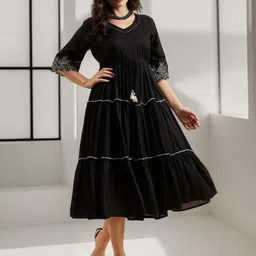 Azira Floral Embroidered  V Neck Bell Sleeves Empire Fit & Flare Tiered Dress-image-1