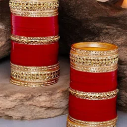 LUCKY JEWELLERY Maroon  CZ & Kundan Studded Punjabi Bridal Bangle Set image 1