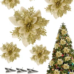 TIED RIBBONS 6-Pcs Beige Christmas Decoration Artificial Poinsettia Flower With Clip Stick image 1
