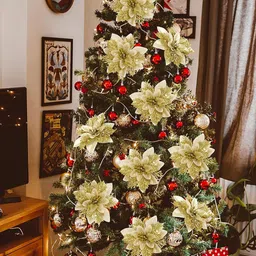 TIED RIBBONS 6-Pcs Beige Christmas Decoration Artificial Poinsettia Flower With Clip Stick image 2