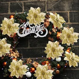 TIED RIBBONS 6-Pcs Beige Christmas Decoration Artificial Poinsettia Flower With Clip Stick image 3