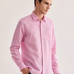 Red Flame Micro Checked Spread Collar Cotton Linen Casual Shirt image 3