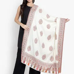 Mizash Women Cream-Coloured & Pink Woven Woolen Shawl-picture-36