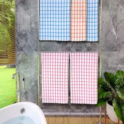 Athom Living Blue & Red 5 Pieces Checked Cotton 150 GSM Bath Towels-image-92