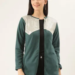 Belle Fille Women Green & Silver Colourblocked Longline Open Front Jacket image 1