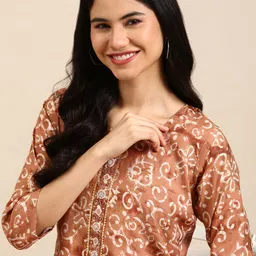 SHOWOFF Women Copper-Toned Ethnic Motifs Printed Beads and Stones Silk Crepe Kurta with Trousers-picture-33