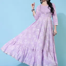 KIMAYRA Floral Printed Mirror Work Cotton Fit & Flare Ethnic Dress-picture-37