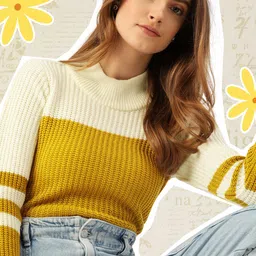 DressBerry Women Mustard Yellow & Off-White  Colourblocked Ribbed Pullover-picture-20