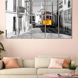 999Store Set Of 5 Grey & Yellow Modern City & Train Panel Wall Painting Wall Art-image-87
