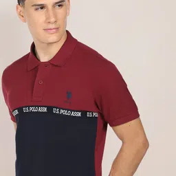 U.S. Polo Assn. Men Typography Colourblocked Logo Tape Cotton Polo Collar T-shirt-picture-31