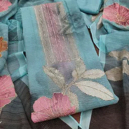 HERE&NOW Floral Embroidered Zari Organza Unstitched Dress Material-picture-38