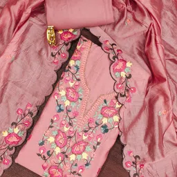 HERE&NOW Floral Embroidered Thread Work Roman Silk Unstitched Dress Material-picture-26