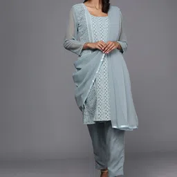 KALINI Turquoise Blue Embroidered Unstitched Dress Material-image-10