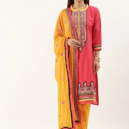 Kvsfab Pink & Yellow Embroidered Pure Cotton Unstitched Dress Material-image-58